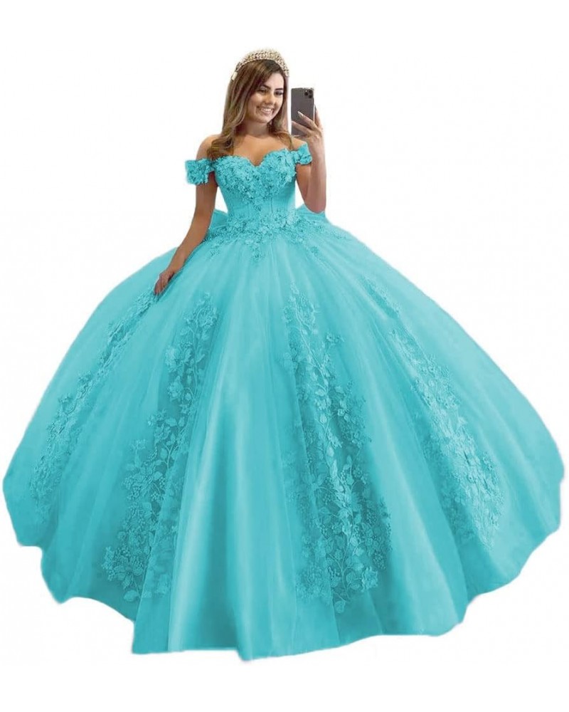 Women's Off Shoulder Quinceanera Dresses 3D Flower Puffy Ball Gown Lace Beaded Prom Dresses for Sweet 15 16 XY069 Aqua Blue $...