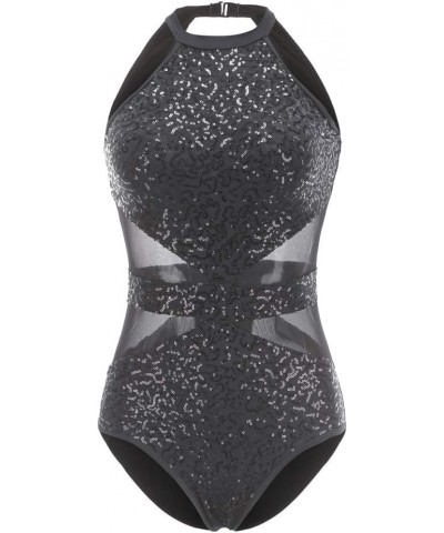 Glitter Sequins Leotard for Girls & Women Semi-Transparent Hollow-Cut Waist Ballet Dance Bodysuit Black $12.51 Bodysuits