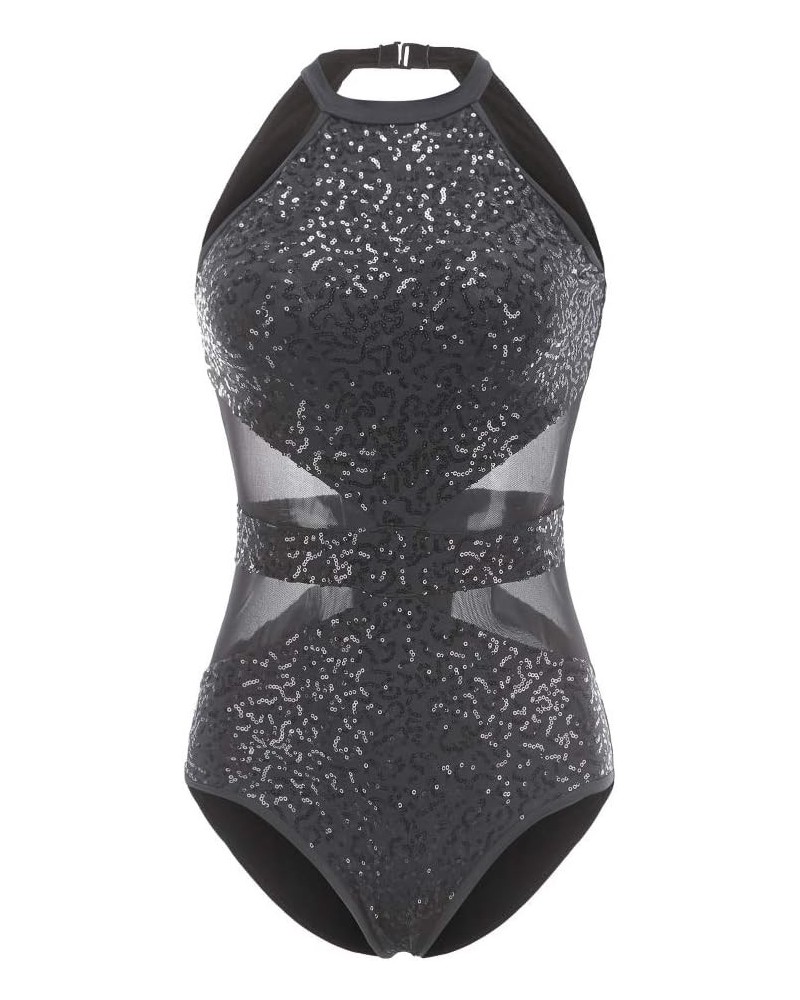 Glitter Sequins Leotard for Girls & Women Semi-Transparent Hollow-Cut Waist Ballet Dance Bodysuit Black $12.51 Bodysuits