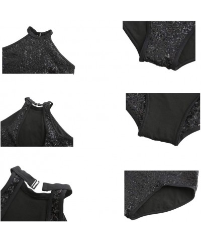 Glitter Sequins Leotard for Girls & Women Semi-Transparent Hollow-Cut Waist Ballet Dance Bodysuit Black $12.51 Bodysuits