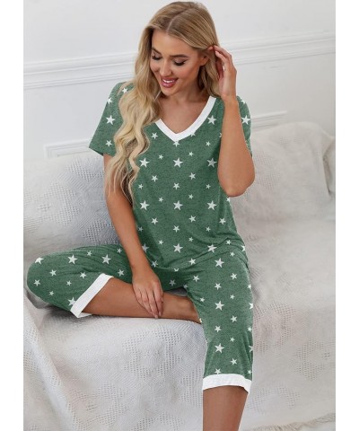 Women's Pajama Set Short Sleeve Shirt and Capri Pants Sleepwear Pjs Sets with Pockets White Star Green $14.00 Sleep & Lounge