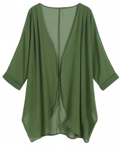 Women's Floral Print Sheer Chiffon 3/4 Bat Sleeve Casual Loose Kimono Cardigan Capes Deep Green $9.89 Swimsuits