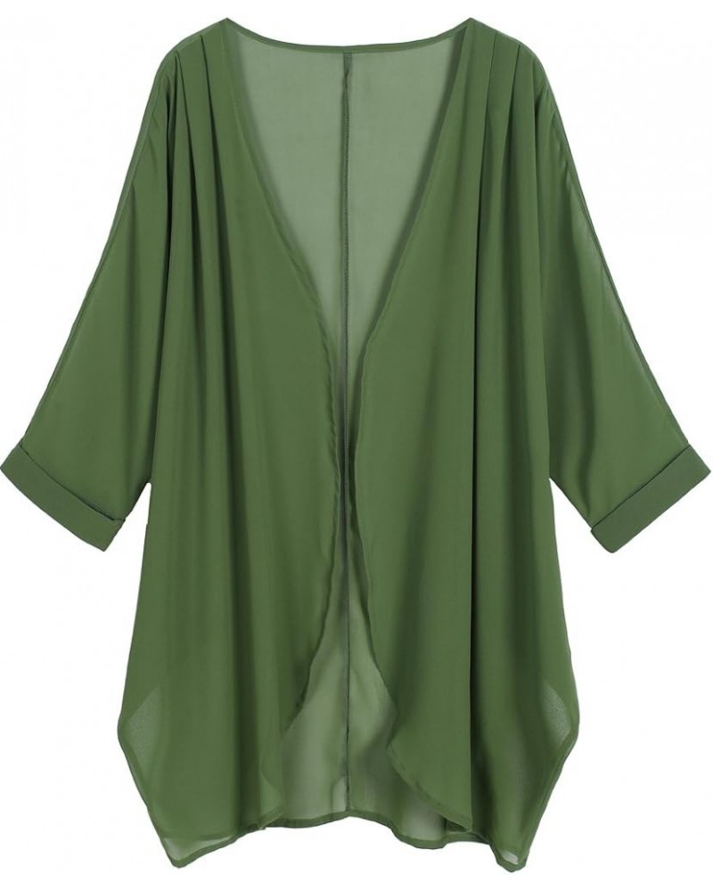 Women's Floral Print Sheer Chiffon 3/4 Bat Sleeve Casual Loose Kimono Cardigan Capes Deep Green $9.89 Swimsuits