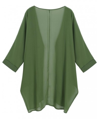 Women's Floral Print Sheer Chiffon 3/4 Bat Sleeve Casual Loose Kimono Cardigan Capes Deep Green $9.89 Swimsuits