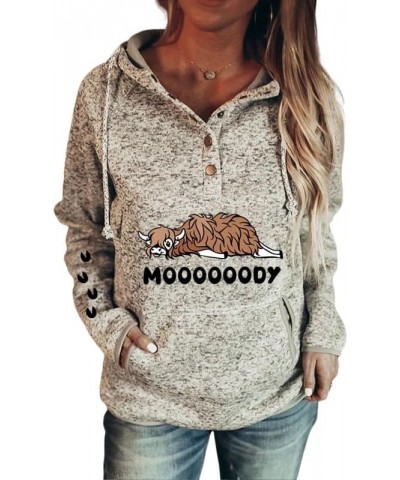 Women Vintage Highland Cow Print Hoodie Western Animal Long Sleeve Half Button Hooded Sweatshirt Top with Pocket High Cow-moo...