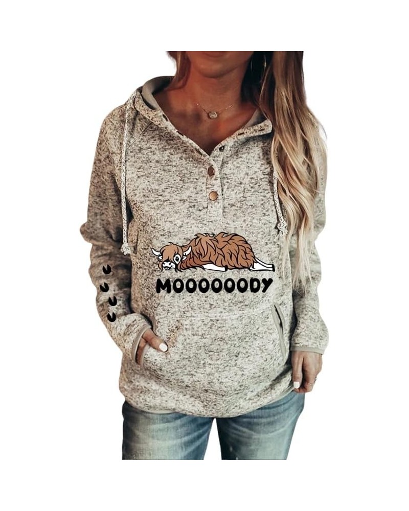 Women Vintage Highland Cow Print Hoodie Western Animal Long Sleeve Half Button Hooded Sweatshirt Top with Pocket High Cow-moo...