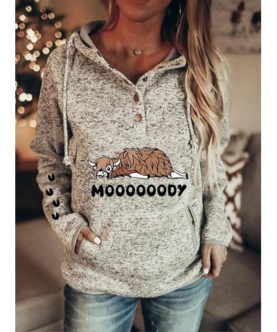 Women Vintage Highland Cow Print Hoodie Western Animal Long Sleeve Half Button Hooded Sweatshirt Top with Pocket High Cow-moo...