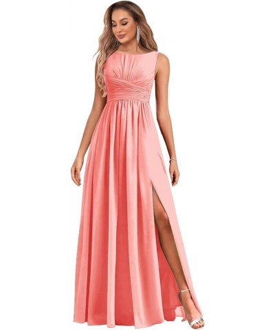 Chiffon Bridesmaid Dresses Long for Women with Slit A Line Ruched Formal Evening Gowns Coral $28.59 Dresses