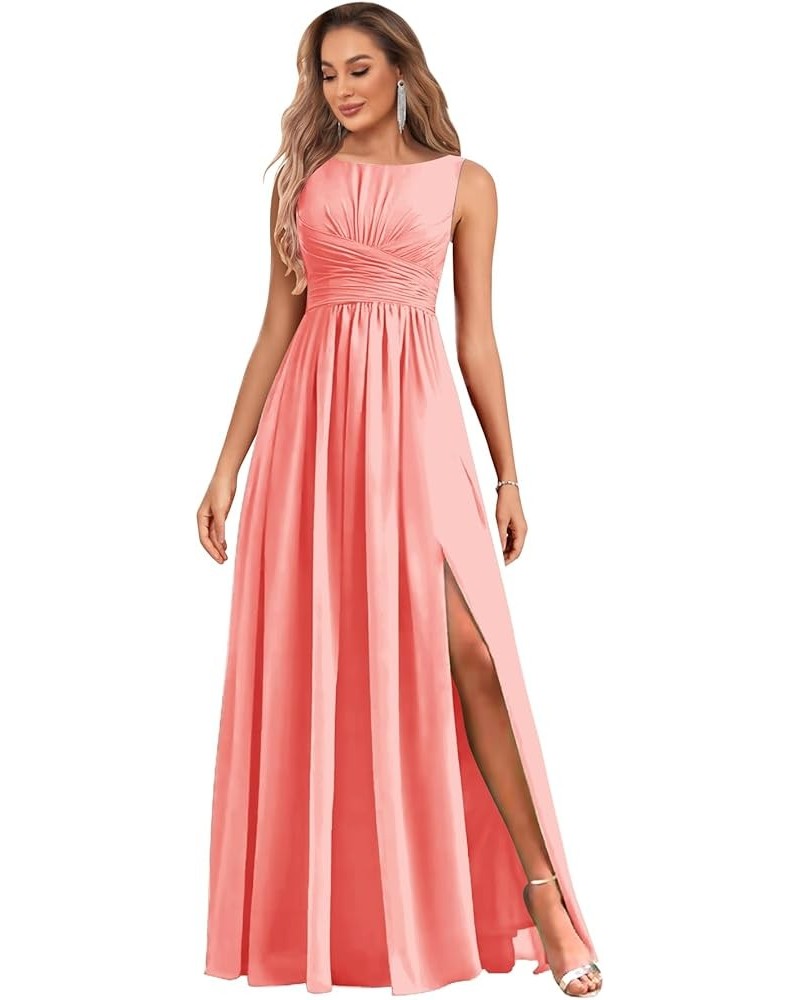 Chiffon Bridesmaid Dresses Long for Women with Slit A Line Ruched Formal Evening Gowns Coral $28.59 Dresses