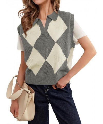 Womens Argyle Plaid Knit Sweater Vests V Neck Lapel Sleeveless Casual Trendy Ribbed Pullover Tank Tops Grey Marle $11.19 Swea...