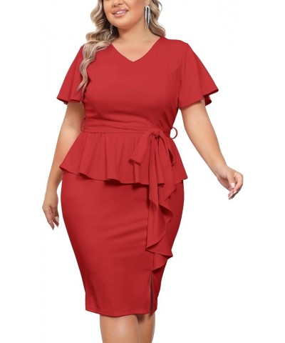 Women Plus Size Pencil Dress V Neck Ruffle Sleeves Vintage Wedding Guest Dress Wear to Work Dresses Red $21.60 Dresses