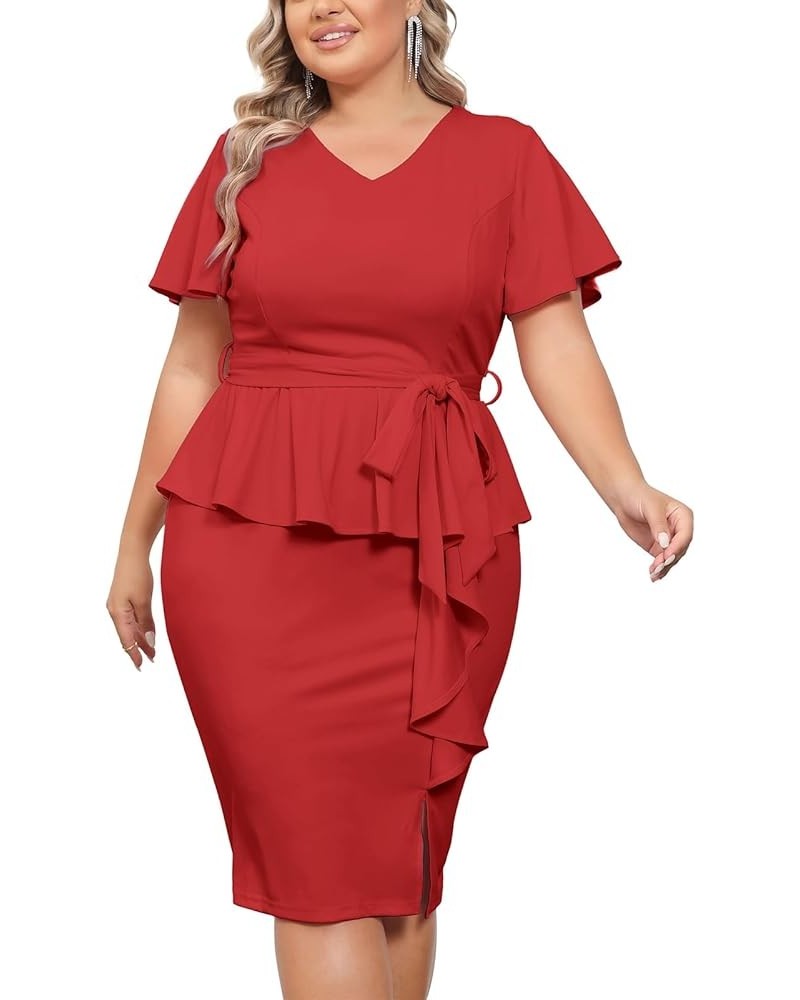 Women Plus Size Pencil Dress V Neck Ruffle Sleeves Vintage Wedding Guest Dress Wear to Work Dresses Red $21.60 Dresses