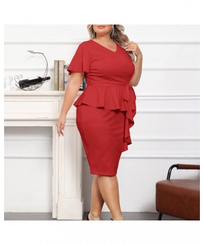 Women Plus Size Pencil Dress V Neck Ruffle Sleeves Vintage Wedding Guest Dress Wear to Work Dresses Red $21.60 Dresses