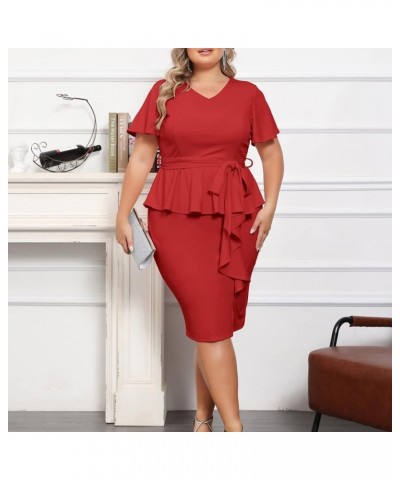 Women Plus Size Pencil Dress V Neck Ruffle Sleeves Vintage Wedding Guest Dress Wear to Work Dresses Red $21.60 Dresses