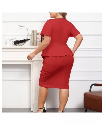 Women Plus Size Pencil Dress V Neck Ruffle Sleeves Vintage Wedding Guest Dress Wear to Work Dresses Red $21.60 Dresses