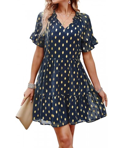 Women 2024 Spring Summer Long Sleeve V Neck Ruffle Polka Dot Mini Dress Casual Loose Tiered Swing Tunic Dresses Style2-navy $...