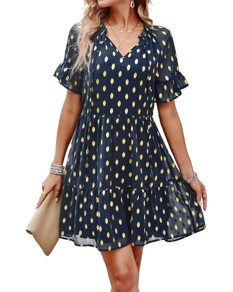 Women 2024 Spring Summer Long Sleeve V Neck Ruffle Polka Dot Mini Dress Casual Loose Tiered Swing Tunic Dresses Style2-navy $...