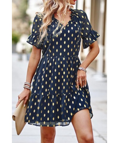 Women 2024 Spring Summer Long Sleeve V Neck Ruffle Polka Dot Mini Dress Casual Loose Tiered Swing Tunic Dresses Style2-navy $...