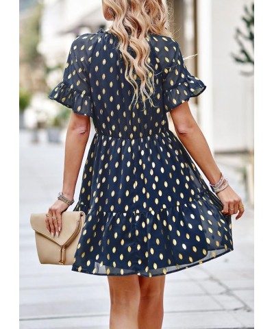 Women 2024 Spring Summer Long Sleeve V Neck Ruffle Polka Dot Mini Dress Casual Loose Tiered Swing Tunic Dresses Style2-navy $...