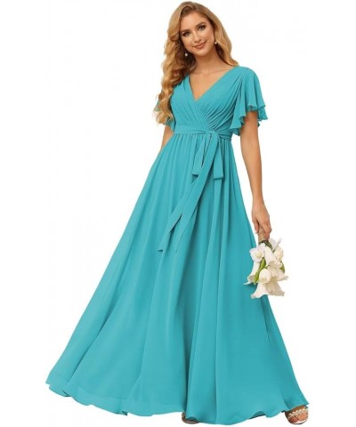 Women's Flutter Sleeve Bridesmaid Dresses Long with Pockets V Neck Chiffon Formal Dresses SE101 Aqua Blue $34.79 Dresses