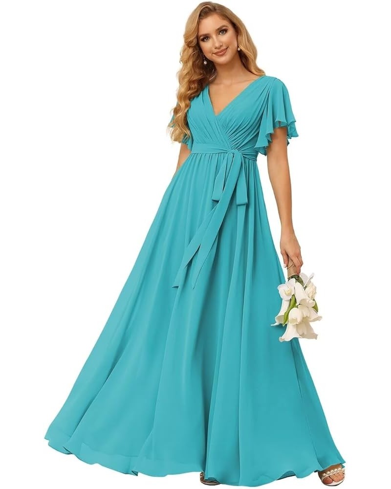 Women's Flutter Sleeve Bridesmaid Dresses Long with Pockets V Neck Chiffon Formal Dresses SE101 Aqua Blue $34.79 Dresses