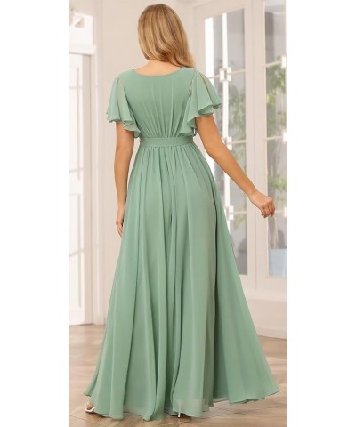 Women's Flutter Sleeve Bridesmaid Dresses Long with Pockets V Neck Chiffon Formal Dresses SE101 Aqua Blue $34.79 Dresses