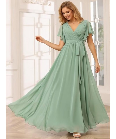 Women's Flutter Sleeve Bridesmaid Dresses Long with Pockets V Neck Chiffon Formal Dresses SE101 Aqua Blue $34.79 Dresses