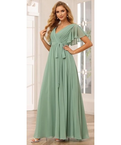 Women's Flutter Sleeve Bridesmaid Dresses Long with Pockets V Neck Chiffon Formal Dresses SE101 Aqua Blue $34.79 Dresses