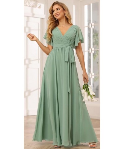 Women's Flutter Sleeve Bridesmaid Dresses Long with Pockets V Neck Chiffon Formal Dresses SE101 Aqua Blue $34.79 Dresses