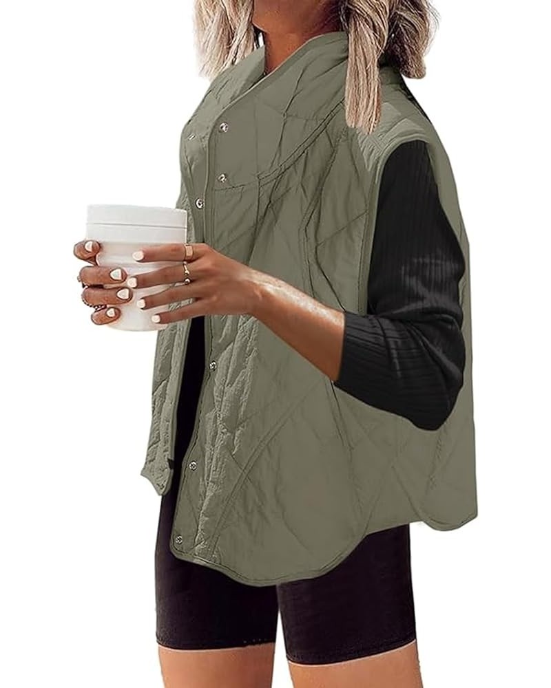 Women's Quilted Outwear Vest Stand Collar Lightweight Snap Button Up Sleeveless Jacket Bean Green $11.27 Vests