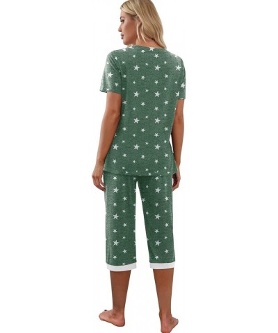 Women's Pajama Set Short Sleeve Shirt and Capri Pants Sleepwear Pjs Sets with Pockets White Star Green $14.00 Sleep & Lounge