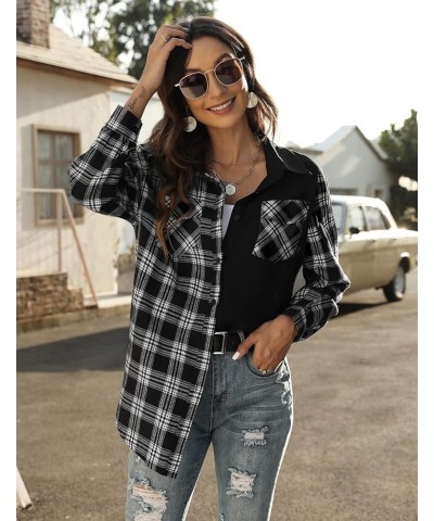 Women's Long Roll Up Sleeve Cotton Flannels Plaid Shirts Classic Fit Button Down Shirt Blouses with Pockets 05-black Colorblo...