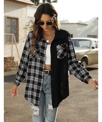 Women's Long Roll Up Sleeve Cotton Flannels Plaid Shirts Classic Fit Button Down Shirt Blouses with Pockets 05-black Colorblo...