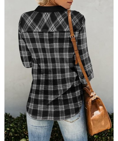 Women's Long Roll Up Sleeve Cotton Flannels Plaid Shirts Classic Fit Button Down Shirt Blouses with Pockets 05-black Colorblo...