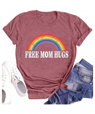 Pride Shirts Women Rainbows Graphic Tees Shirts Free Mom Hugs T-Shirt LGBTQ Short Sleeve Tops Pink $11.52 T-Shirts