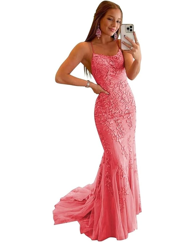 Mermaid Prom Dresses Long Lace Spaghetti Straps Backless Formal Evening Gowns with Train for Women Coral $39.95 Dresses