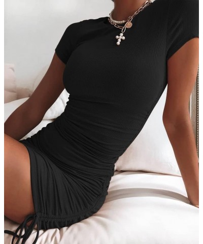 Women's Drawstring Mini Dress Ruched Sexy Short Sleeve Casual Bodycon Party Club Dresses Black $17.84 Dresses