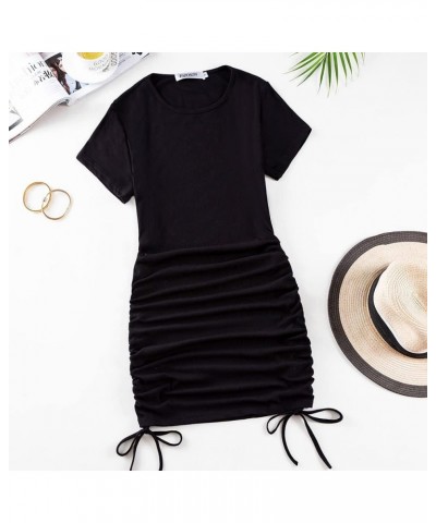 Women's Drawstring Mini Dress Ruched Sexy Short Sleeve Casual Bodycon Party Club Dresses Black $17.84 Dresses