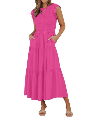 Women's 2024 Summer Casual Flutter Short Sleeve Crew Neck Smocked Elastic Waist Tiered Midi Dress Rose Pink $14.16 Dresses