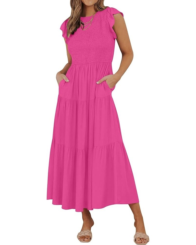 Women's 2024 Summer Casual Flutter Short Sleeve Crew Neck Smocked Elastic Waist Tiered Midi Dress Rose Pink $14.16 Dresses