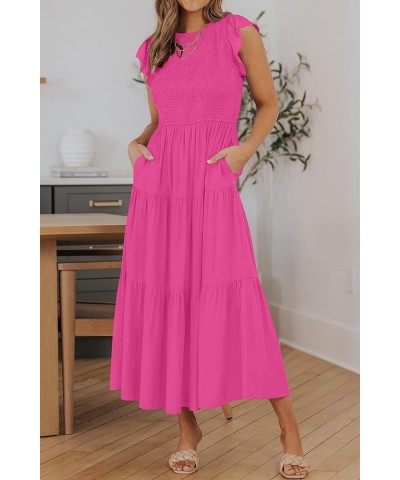 Women's 2024 Summer Casual Flutter Short Sleeve Crew Neck Smocked Elastic Waist Tiered Midi Dress Rose Pink $14.16 Dresses