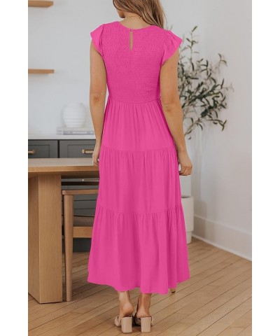 Women's 2024 Summer Casual Flutter Short Sleeve Crew Neck Smocked Elastic Waist Tiered Midi Dress Rose Pink $14.16 Dresses