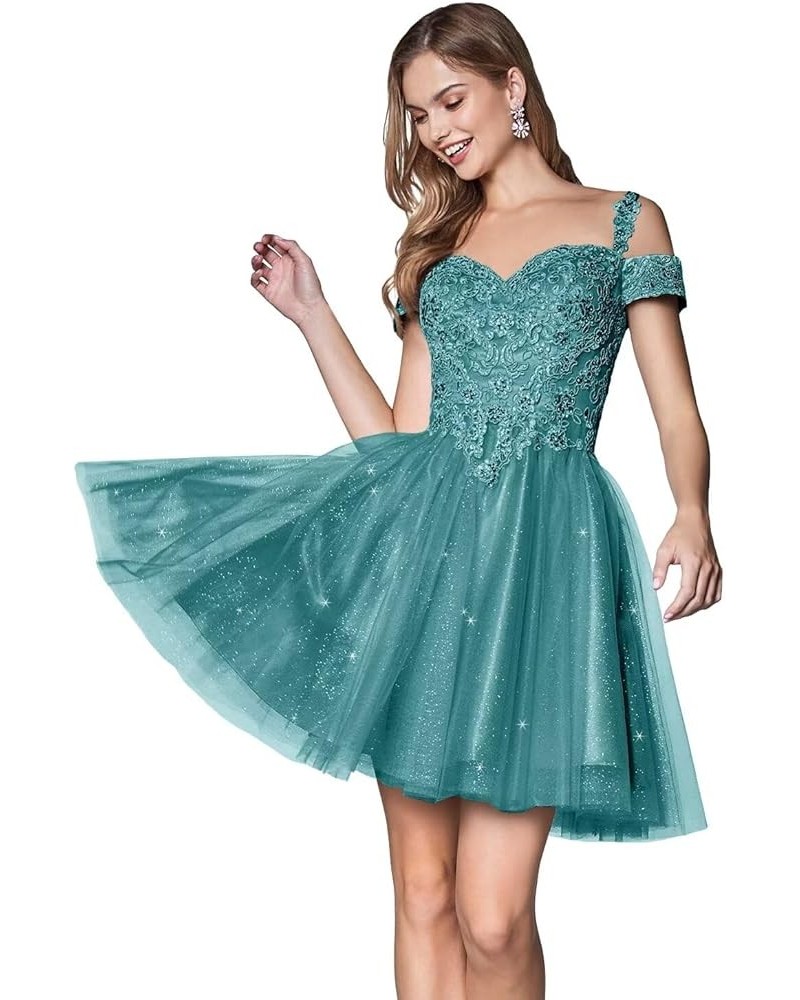 Tulle Cold Shoulder Homecoming Dresses Sparkly Lace Appliques Sweetheart Short Cocktail Party Prom Dresses Aqua $37.69 Dresses