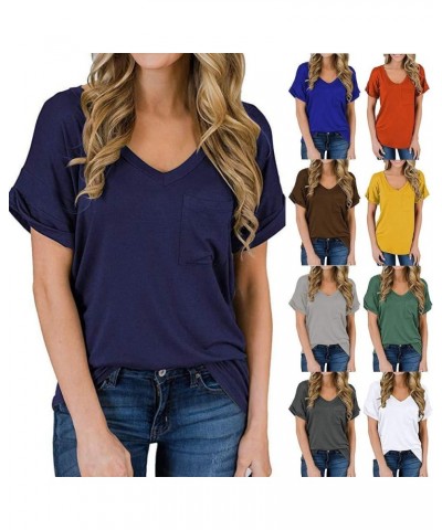 Women's V Neck Short Sleeve T Shirts Summer Basic Casual Loose Fit Rolled Sleeve Tops with Pocket Anavy $7.30 T-Shirts