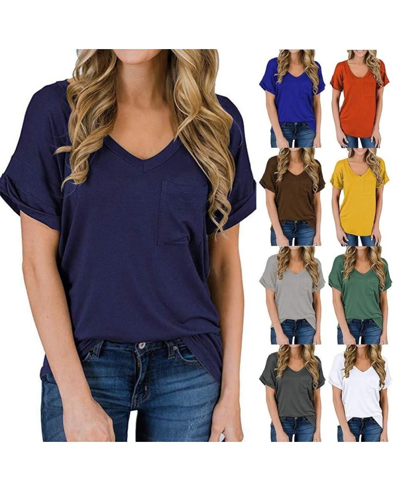 Women's V Neck Short Sleeve T Shirts Summer Basic Casual Loose Fit Rolled Sleeve Tops with Pocket Anavy $7.30 T-Shirts