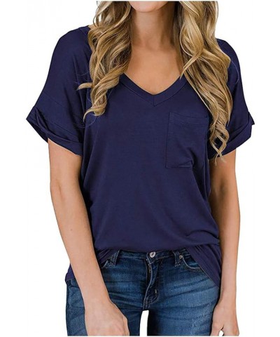 Women's V Neck Short Sleeve T Shirts Summer Basic Casual Loose Fit Rolled Sleeve Tops with Pocket Anavy $7.30 T-Shirts