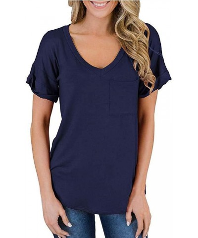 Women's V Neck Short Sleeve T Shirts Summer Basic Casual Loose Fit Rolled Sleeve Tops with Pocket Anavy $7.30 T-Shirts