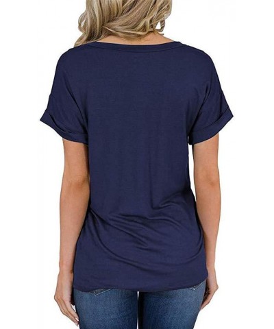 Women's V Neck Short Sleeve T Shirts Summer Basic Casual Loose Fit Rolled Sleeve Tops with Pocket Anavy $7.30 T-Shirts