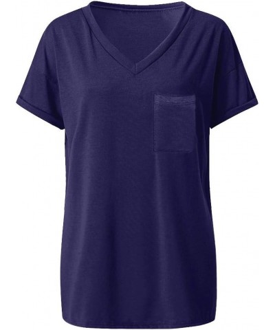 Women's V Neck Short Sleeve T Shirts Summer Basic Casual Loose Fit Rolled Sleeve Tops with Pocket Anavy $7.30 T-Shirts