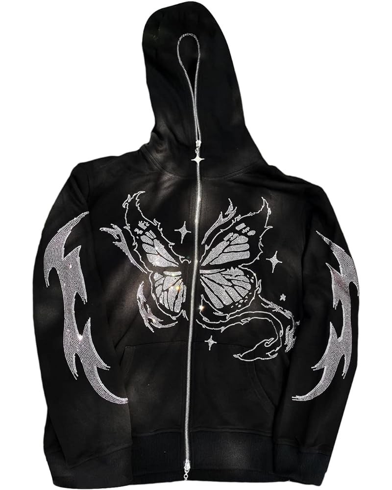 Skeleton Hoodie Jacket Women Rhinestone Long Sleeve Zip Up Hoodie Sweatshirts Harajuku Causal Halloween Cardigan G-black $17....